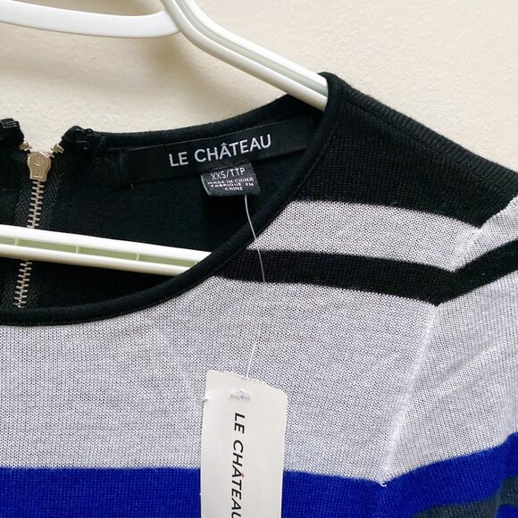 NWT Le Chateau Blue Black Striped 3/4 Sleeve Rib Knit Midi Bodycon Dress - Picture 2 of 5